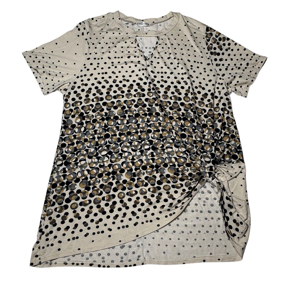 Story Teller Womens 2X Beige Polka Dot Side Tie Blouse Short Sleeve Stretch Top